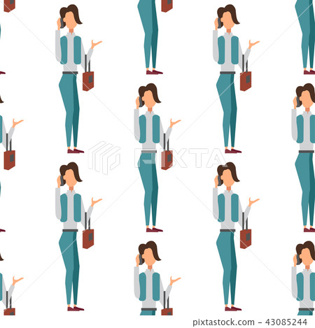 Trendy flat woman with phone gadgets seamless pattern group characters using hi tech technology 43085244