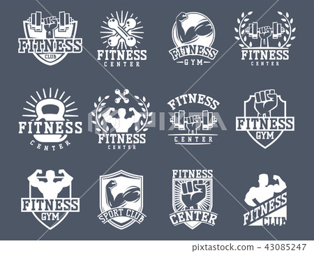 Monochrome fitness emblem design element gym sport club strong equipment silhouette vector 43085247