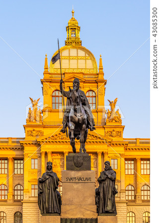 The bronze equestrian statue of St Wenceslas at the Wenceslas Square with historical Neorenaissance The bronze equestrian statue of St Wenceslas at the Wenceslas Square with historical Neorenaissance 43085300