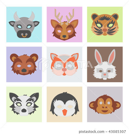 Set of cartoon animals party masks vector - Stock Illustration