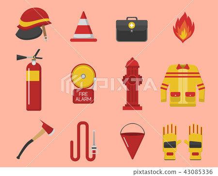 Fire safety equipment emergency tools firefighter safe danger accident protection vector Fire safety equipment emergency tools firefighter safe danger accident protection vector 43085336