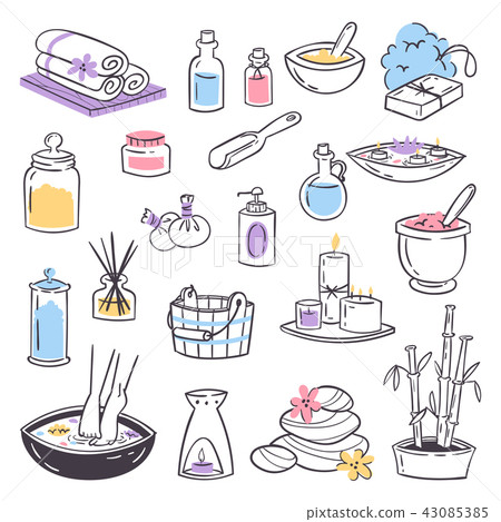 Spa massage vector icons therapy cosmetic treatments beauty massage relaxation herbal hand drawn Spa massage vector icons therapy cosmetic treatments beauty massage relaxation herbal hand drawn 43085385