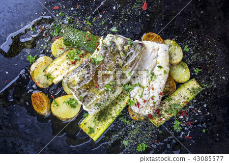 cod fish fillet with vegetable and potatoes cod fish fillet with vegetable and potatoes 43085577