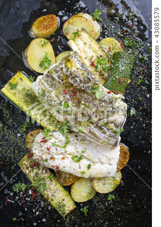 cod fish fillet with vegetable and potatoes 43085579