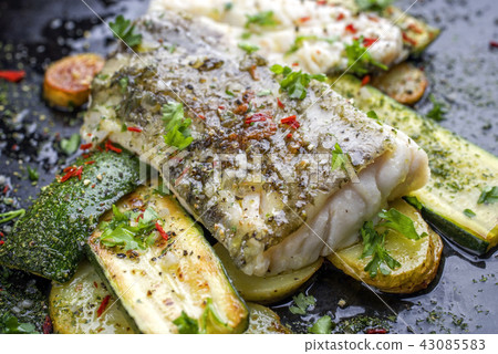 cod fish fillet with vegetable and potatoes 43085583