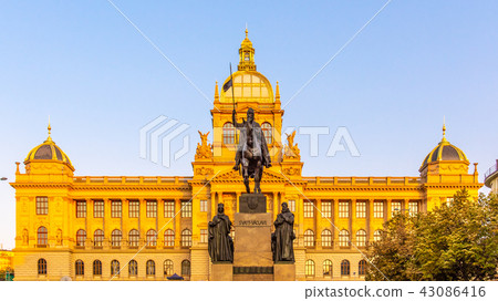 The bronze equestrian statue of St Wenceslas at the Wenceslas Square with historical Neorenaissance The bronze equestrian statue of St Wenceslas at the Wenceslas Square with historical Neorenaissance 43086416
