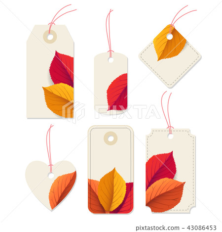 Set of vintage paper price, gift tags, labels with red ropes isolated on white background. Autumn Set of vintage paper price, gift tags, labels with red ropes isolated on white background. Autumn 43086453