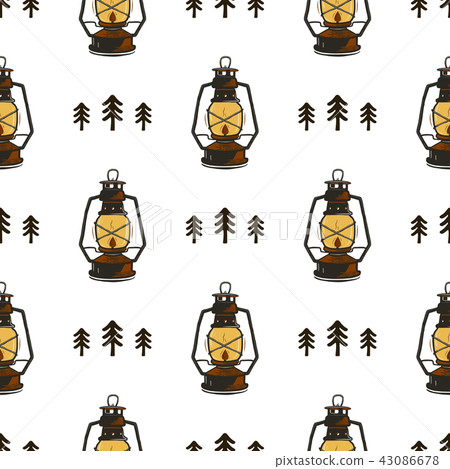 Retro camp seamless pattern with Lanterns and trees. Vintage hand drawn concept. Old style colors Retro camp seamless pattern with Lanterns and trees. Vintage hand drawn concept. Old style colors 43086678
