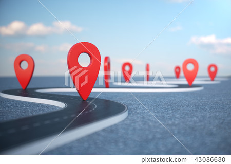Road way location Infographic with pin pointers. Road way with red pointers. Road way on cloudy blue Road way location Infographic with pin pointers. Road way with red pointers. Road way on cloudy blue 43086680