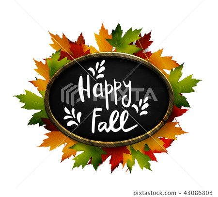 Autumn sale. Autumn leaves are drawn with chalk on a black chalkboard. Sketch, design elements 43086803