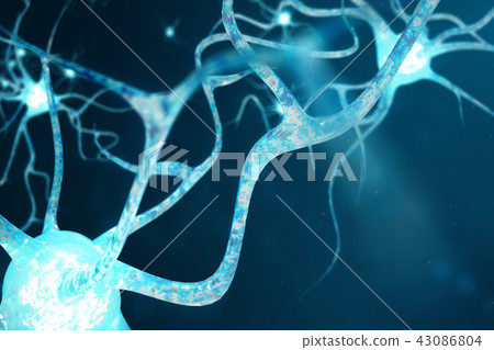 Conceptual illustration of neuron cells with glowing link knots. Neurons in brain on with focus 43086804