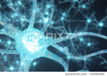 Conceptual illustration of neuron cells with glowing link knots. Synapse and neuron cells sending 43086869