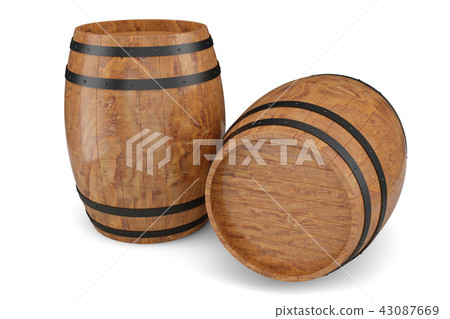 3D Illustration two wooden barrels isolated on white background. Alcoholic drink in wooden barrels 43087669
