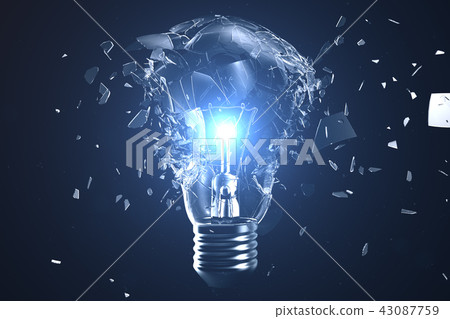 3D illustration Exploding light bulb on a blue background, with concept creative thinking and 3D illustration Exploding light bulb on a blue background, with concept creative thinking and 43087759
