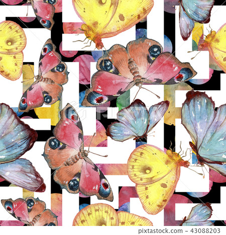 Exotic butterflies wild insect in a watercolor style. Seamless background pattern. 43088203