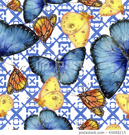 Exotic butterflies wild insect in a watercolor style. Seamless background pattern. 43088215