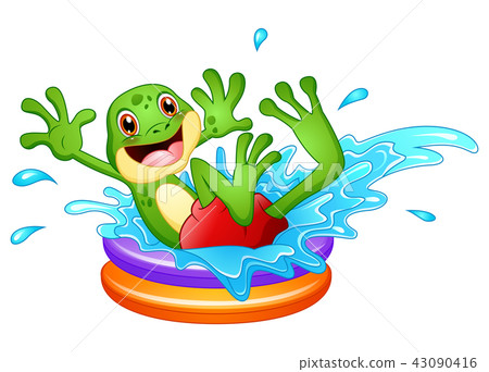 Funny frog cartoon sitting above inflatable pool 43090416