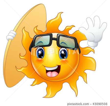 Happy cartoon sun character with surfboard