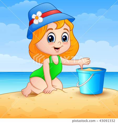 Little Girl Cartoon Playing A Sand On Beach Stock Illustration