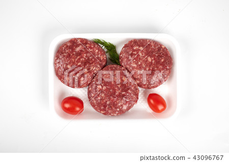 minced meat in plastic package isolated on white background 43096767