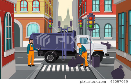 Vector cartoon city crossroad with garbage truck 43097059