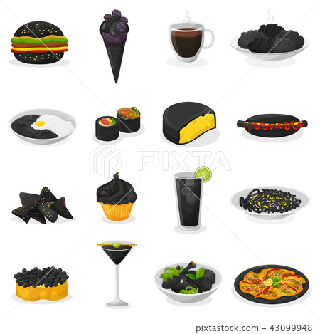 Black food vector blackish cooking meal with blacked pasta or rice and blacken drinks blackjack 43099948