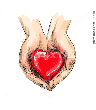 Female hands giving red heart from a splash of watercolor Female hands giving red heart from a splash of watercolor 43101199
