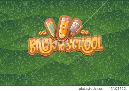 Back to school vector horizntal background template or banner with funny cartoon supplies like 43103512