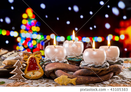 Advent Wreath with Burning Candles Advent Wreath with Burning Candles 43105383