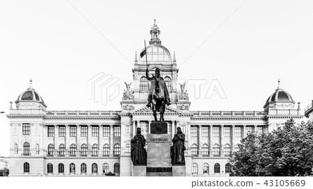 The bronze equestrian statue of St Wenceslas at the Wenceslas Square with historical Neorenaissance The bronze equestrian statue of St Wenceslas at the Wenceslas Square with historical Neorenaissance 43105669