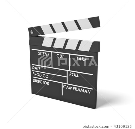 3d rendering of a single black clapperboard with empty fields for movie name and staff. 3d rendering of a single black clapperboard with empty fields for movie name and staff. 43109125