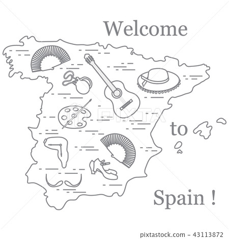 various symbols of Spain arranged in a circle 43113872