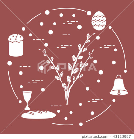 Easter cake, willow branches, bell, bowl, egg 43113997