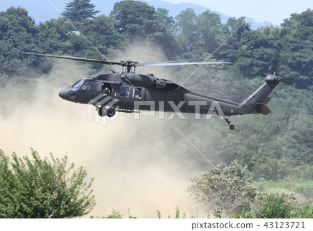 美國陸軍UH-60A黑鷹運輸直升機在災害調度中活躍，以提高沙煙和在森林中盤旋 43123721