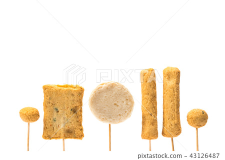 Fish cakes on the wooden skewer. 43126487