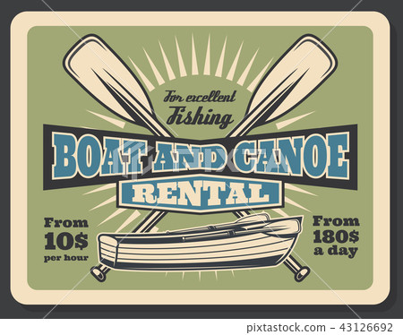 Fishing boat and canoe rental vector retro poster 43126692