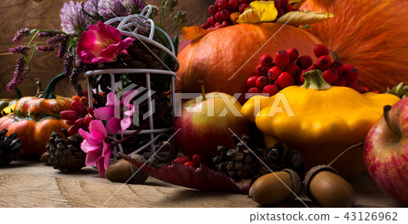 Fall decor with yellow and orange squash and acorn Fall decor with yellow and orange squash and acorn 43126962