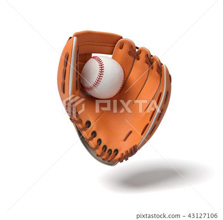 3d rendering of a new orange baseball mitt hanging on the white background with a white ball inside 43127106