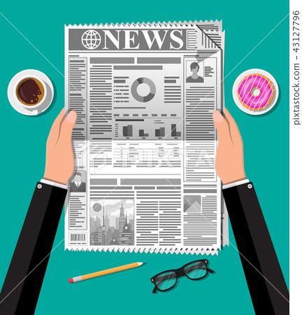Newspaper, cup of coffee, donut, pencil. 43127796