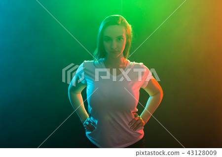 Modern dance, jazz funk and people concept - Close up portrait of dancer woman with hands on waist 43128009