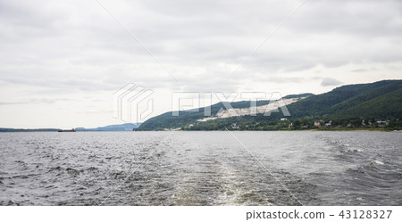 View of the Zhiguli mountains in the Samara region, Russia. Cloudy day, August 10, 2018 43128327