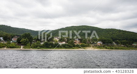 View of the Zhiguli mountains in the Samara region, Russia. Cloudy day, August 10, 2018 43128328