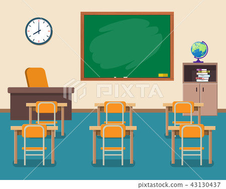 School classroom with chalkboard and desks. School classroom with chalkboard and desks. 43130437