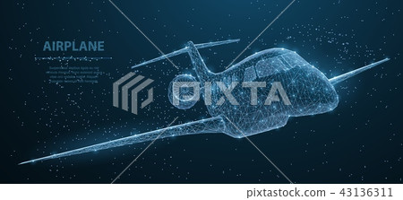 Airplane. Abstract 3d polygonal wireframe airplane on blue night sky with dots and stars. Airplane. Abstract 3d polygonal wireframe airplane on blue night sky with dots and stars. 43136311