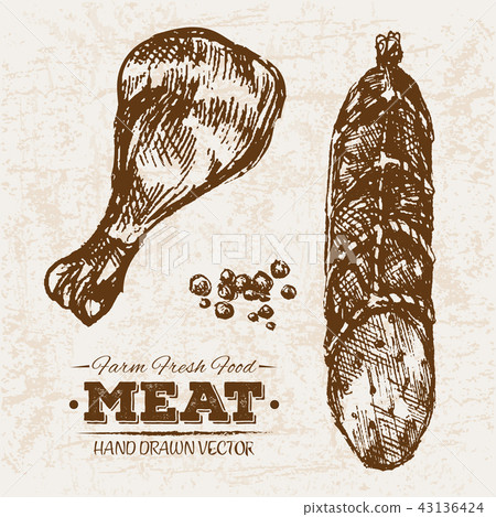 Hand drawn sketch steak meat products set 43136424