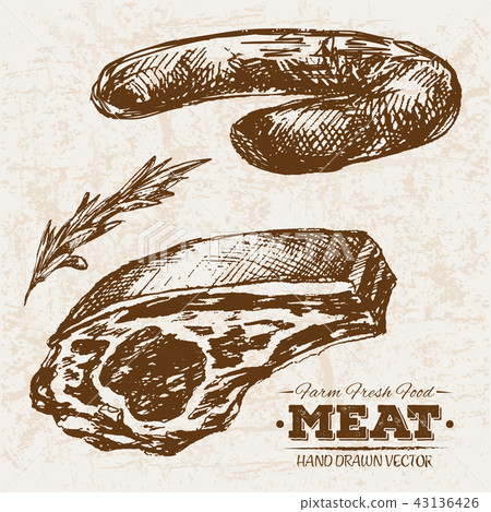 Hand drawn sketch steak meat products set 43136426
