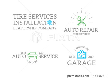 Set of retro vintage route map, automobile, wrench, screwdriver, wheel logo or insignia, emblems 43136909