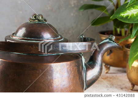 Old copper teapot and green plants Old copper teapot and green plants 43142088