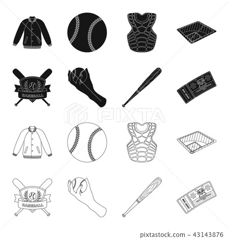Club emblem, bat, ball in hand, ticket to match. Baseball set collection icons in black,outline Club emblem, bat, ball in hand, ticket to match. Baseball set collection icons in black,outline 43143876