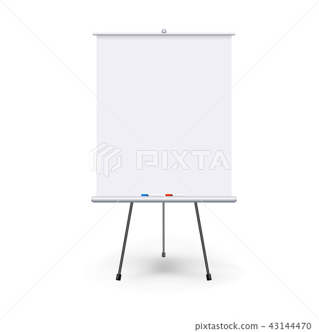 Vector realistic blank flipchart with three legs isolated on white clean background. White roll up Vector realistic blank flipchart with three legs isolated on white clean background. White roll up 43144470
